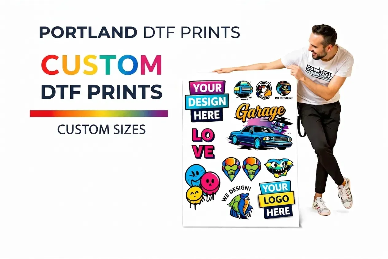 A Portland DTF Prints team member presenting a colorful custom gang sheet