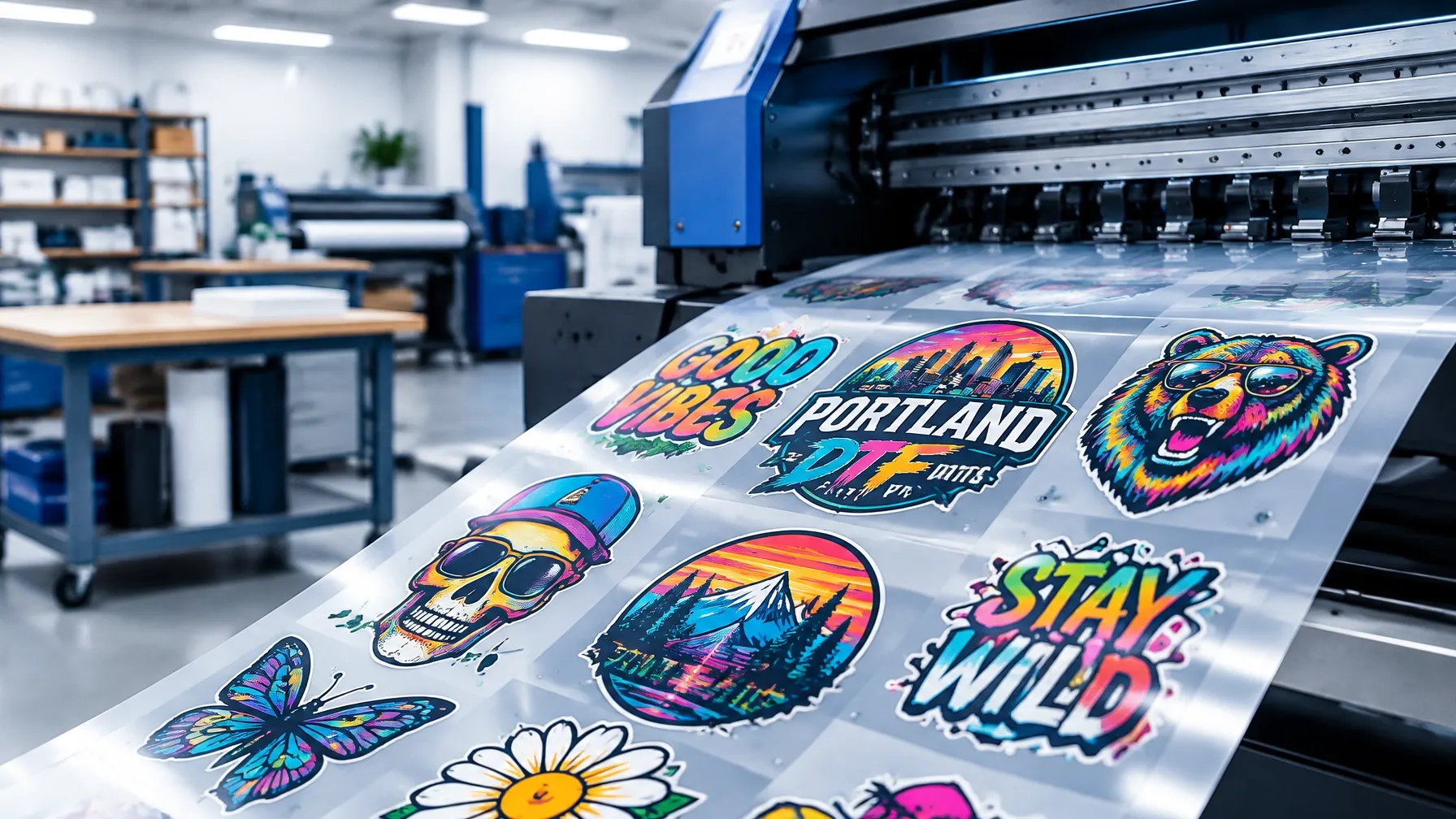 A DTF printer producing a colorful sheet of custom transfers